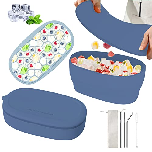 Eiswürfelbehälter mit Deckel & Behälter - Faltbar Doppelschicht Eiswürfelform Silikon mit 3-teiligem Strohhalm-Kit, 44 Fach Einfach Zu Lösende Eiswürfel Maker für Gefrierschrank-Blau Cover