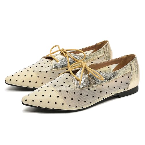 YSMIIH Mesh Flat Ballet Wingtip Pointed Toe Casual Polka Dots Lightweight Slip On Shoes
