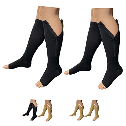 HealthyNees 2 Set Open Toe 20-30 mmHg Compression Leg Calf Swelling Zipper Sock (2 Pairs Black, L/XL)