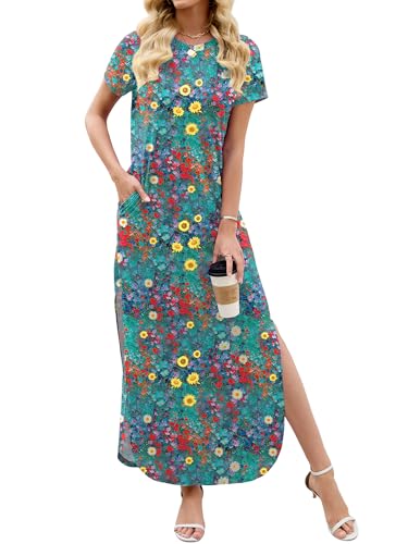 Image of Heymoments Womens Summer Maxi Dress Short Sleeve Casual Loose Long T Shirt Split Vacation Beach Sundress with Pockets