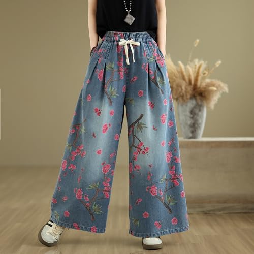 LAI MENG FIVE CATS Women's Casul Baggy Jeans Drawstring Elastic Waist Wide Leg Loose Denim Pants3