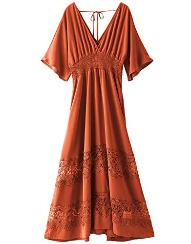 Image of Olaesa Boho Maxi Dress V Neck Short Sleeve Lace Smocked Waist Flowy Dress | Wedding Guest Dress with Pockets, Summer Bohemian Vacation Dress, Elegant Party Dress for Family photo& Baby Shower
