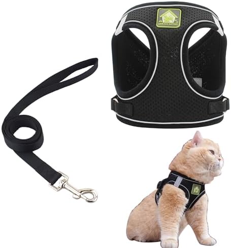 Soft Small Dog Harness and Leash Set Step in Air Mesh Puppy Harness Leash Reflective Adjustable Puppy Vest for Small Dogs Cats. (Black, XS)