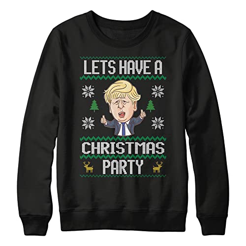 Image of Lets Have A Christmas Party Boris Johnson Funny Christmas Sweatshirt, Novelty Christmas Jumpers for Men, Tories Sweater Office Party Tee Top TV Xmas Gifts, S, Black