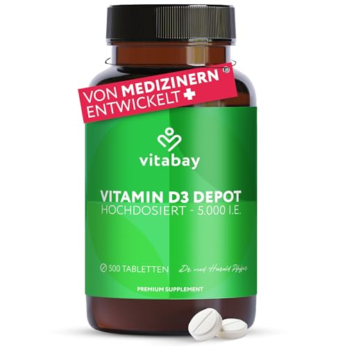 Vitabay Vitamin D3 Depot Hochdosiert 5000 IE - 500 Vegane & Laborgeprüfte Vitamin D Tabletten ohne Zusätze - Trägt zur Unterstützung des Immunsystems und zur Erhaltung normaler Knochen bei