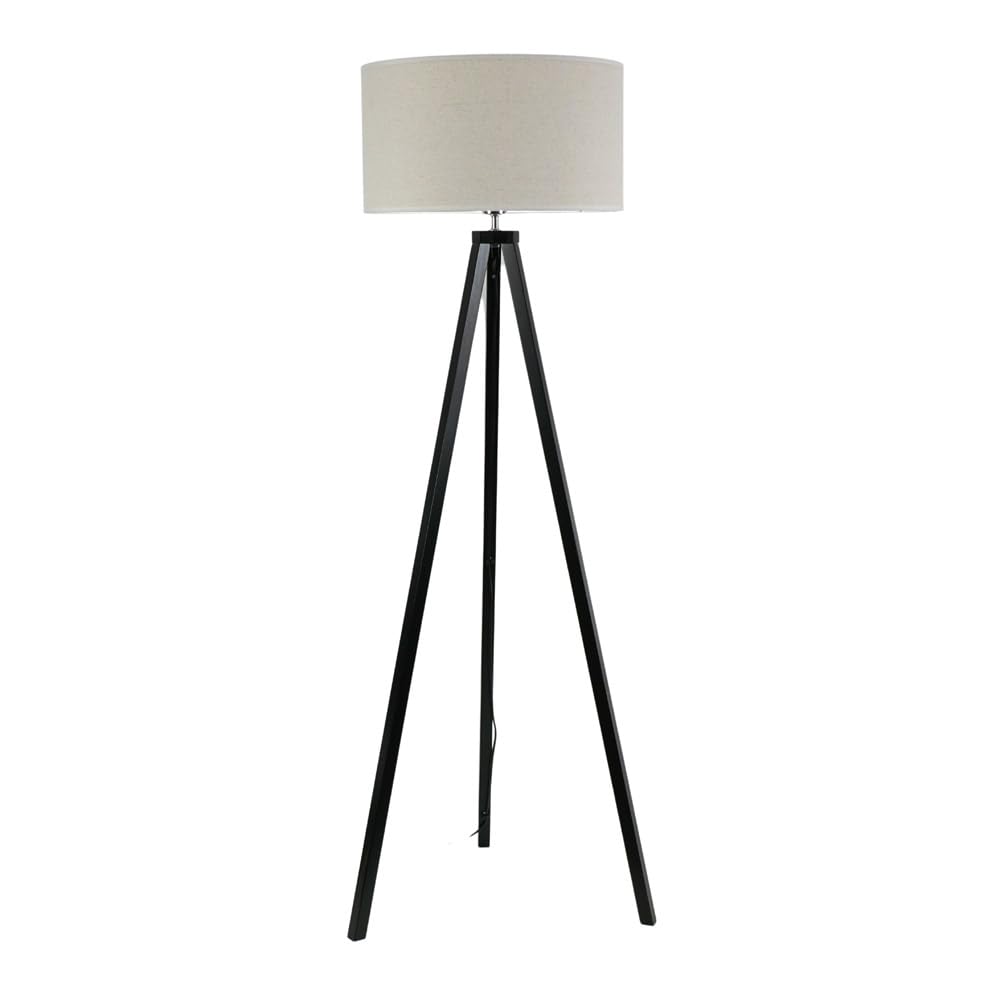 Barbro Black Wood Tripod Floor Lamp - Linen Drum Shade with Trim - LED Bulb