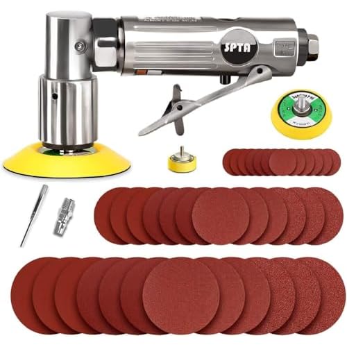 SPTA 50mm Winkelschleifer Mini Druckluft Exzenterschleifer Klett-Schleifteller im Lieferumfang Mit 12tlg 50mm Mix Grit Schleifscheiben Klett-Schleifpapier Klett-Schleifblätter Schleifpapier
