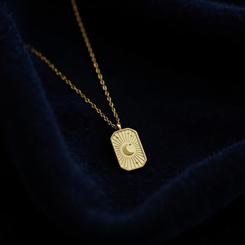 18K Yellow Gold Plated Moon & Sun Pendant Necklace – Waterproof Stainless Steel, 15.5” Chain, Hypoallergenic - Image 7