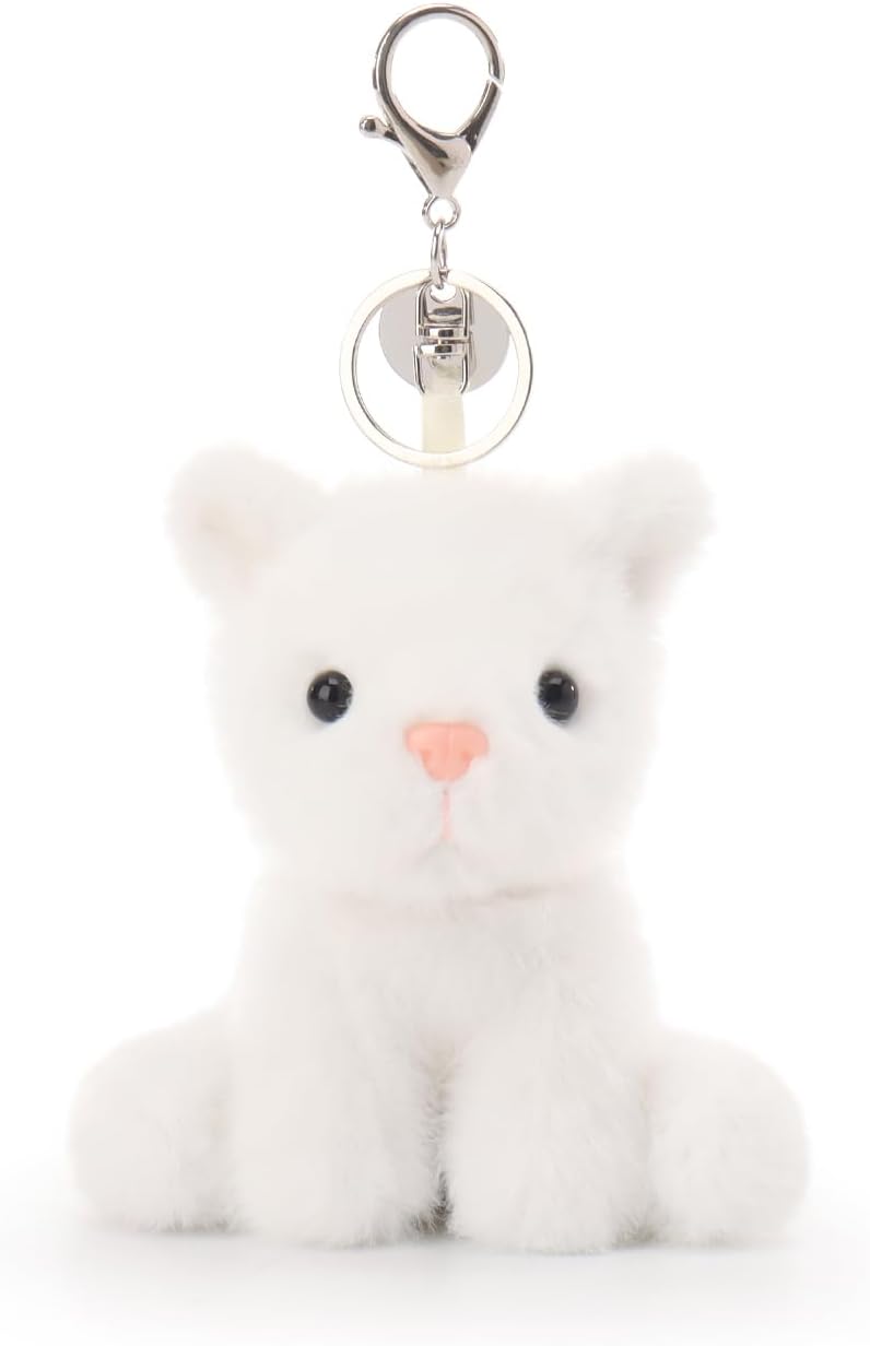 Apricot Lamb White Cat Cute Keyring, Soft Stuffed Plush Key Ring Toy for Children's Backpack, Purse, 11 cm