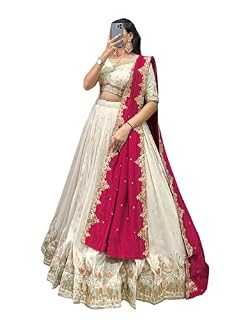 KEDARFAB Women's Chinnon Traditional Motiff Semi-Stitched Lehenga Choli With Dupatta Set (Baarati 02)