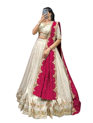 Image of KEDARFAB Women's Chinnon Traditional Motiff Semi-Stitched Lehenga Choli With Dupatta Set (Baarati 02)