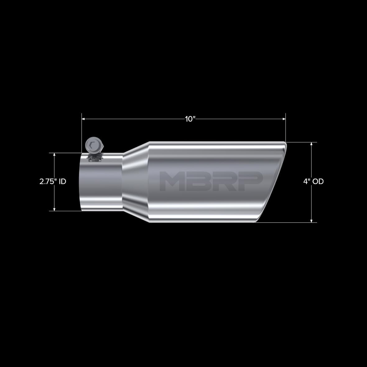 MBRP T5157 T304 Angled Rolled End Tip, 4" O.D., 2 3/4" Inlet, 10" Length