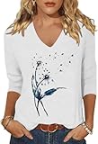 TKTSO Women's Dandelion Petal V Neck Shirt Vintage Boho Floral Wildflower Graphic 3/4 Sleeve Top Casual Cottagecore Tee(L,White-01)