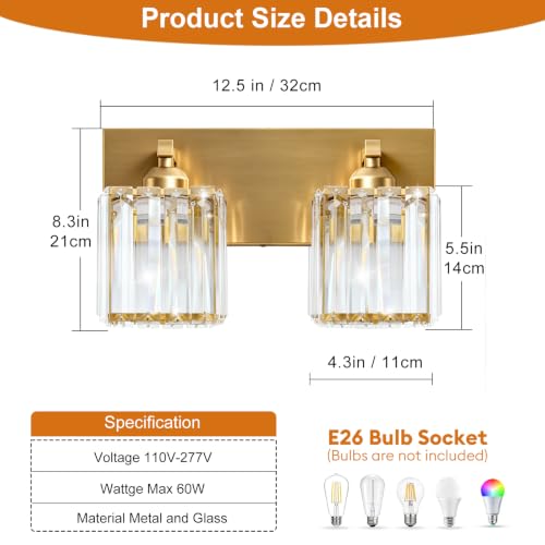 Image of Gold Crystal Bathroom Vanity Light, 2-Light Modern Bathroom Lighting Fixtures Over Mirror,Chrome Wall Sconce Light Fixtures with Square Shade