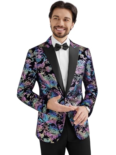 MAGE MALE Men's Velvet Floral Tuxedo Peak Lapel One Button Dinner Party Prom Wedding Suit Jacket4