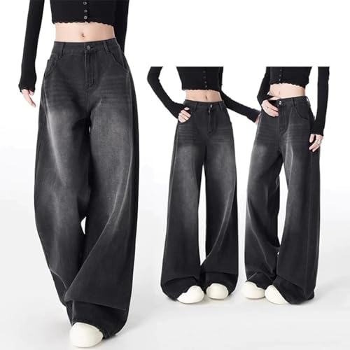 Image of Women's High Waist Baggy Wide Leg Jeans for Women - Loose Fit Washed Black Denim Pants with Straight Palazzo Style, Relaxed Streetwear Korean Trousers