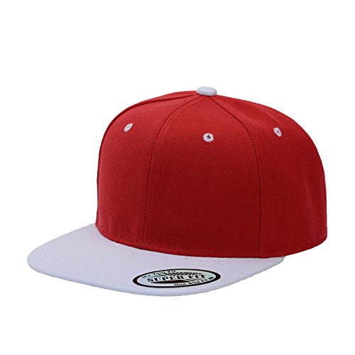 Blank Adjustable Flat Bill Plain Snapback Hats Caps (One Size, Red/White)