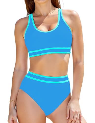 Women's High Waisted Bikini Sets Two Piece Swimsuits for Women Sporty Color Block Cheeky High Cut Bathing Suits 2024