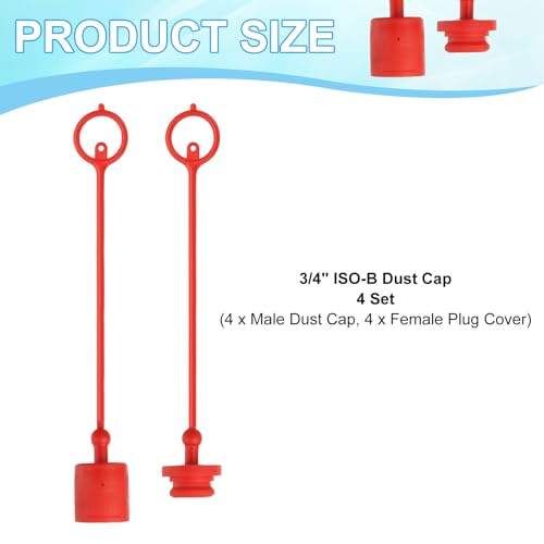 Image of PATIKIL 3 /4 inch ISO-B Hydraulic Coupler Male Dust Cap and Female Plug Cover, Set of 4 Rubber Quick Disconnects Port Plug Cover Fittings Red Cap with Retention Ring