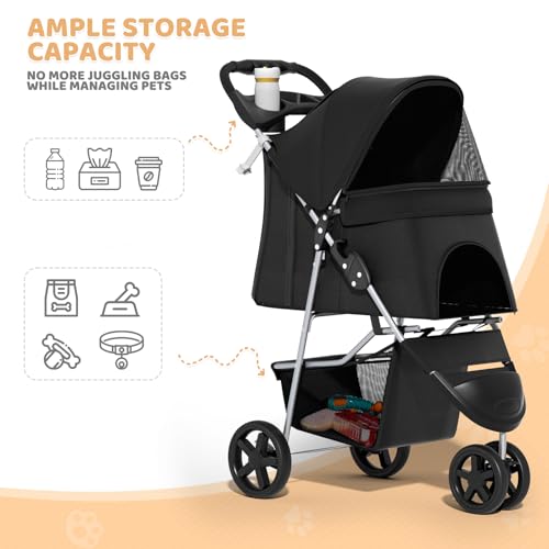 Image of Magshion 3-Wheel Pet Stroller, Foldable Travel Jogger for Small & Medium Dogs & Cats (Up to 33lbs), Lightweight Carrier with Breathable Mesh Cover, Cup Holder & Storage Basket, Black