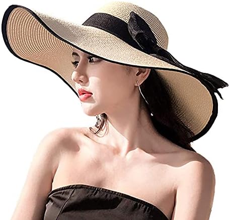 Wide Brim Beach Hat for Women, UPF 50+ UV Protection Sun Hats for Summer Packable Floppy Straw Hat Foldable Fedora Hat Fashionable Beige