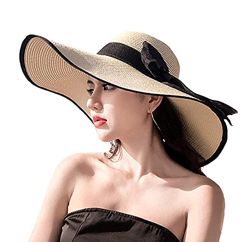 Strandhut mit breiter Krempe für Frauen, UPF 50+ UV-Schutz Sonnenhüte für den Sommer verstaubar Schlappstrohhut Faltbarer Fedora-Hut Modisch Beige, beige, Einheitsgröße Cover