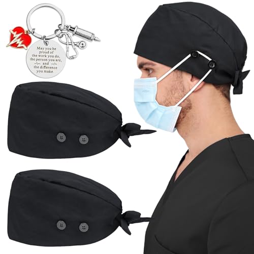 Scrub Cap Men Satin Lined Nurse Hats for Women Scrub Mens Surgical Hats Silk Dental Surgeon Bonnet with 4 Buttons Fall Black