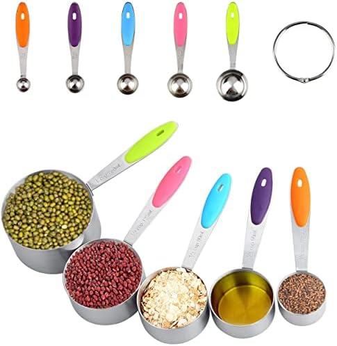 Uten Measuring Cups and Spoons Set of 10, Professional Stainless Steel Cookware Tools with Multicolored Silicone Handles for Measuring Dry and Liquid Ingredients