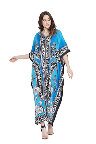 Gypsie Blu Women Plus Size Kaftans Kimono Style Polyester Dresses Loose Caftan Dress Ladies Evening Casual Long Maxi (Sky Blue Paisley Pattern Kaftan)