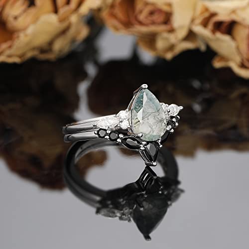 Irroya 1.50 Carat Pear Cut Natural Moss Agate Wedding Rings Sets - Genuine Moissanite Engagement Ring - Black Spinel Eternity V Shaped Wedding Band - Sterling Silver Matching Rings - Art Deco Ring Sets - Platinum Plated 925 Silver Statement Ring - Gifts For Women - Dainty Promise Ring (7) #TOP3