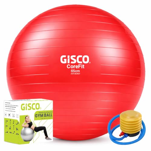 Image of GISCO Anti-Burst Rubber Gym Ball with Free Foot Pump | Color - Red, Size - 65 cm | Round Shape Swiss Ball for Exercise, Workout, Yoga, Pregnancy, Birthing, Balance & Stability