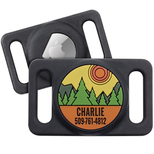 GoTags Personalized AirTag Dog Collar Holder, Engraved Tracker Case for Pet Collar, Artwork and Custom Text with Phone Number, Slide On Tag for GPS Nameplate, Track Dog with iPhone, 5 Designs (Large)