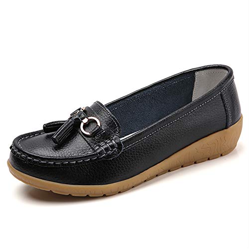 Image of Women Loafers Leather Rubber Sole Slip On Walking Flats Casual Moccasin Boat Shoes