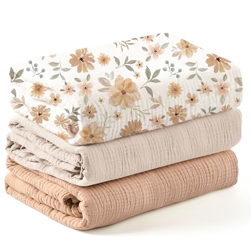 Image of Konssy 3 Pack Muslin Swaddle Blankets for Unisex, Newborn Receiving Blanket, Large 47 x 47 inches, Soft Breathable Muslin Baby Swaddles for Boys & Girls