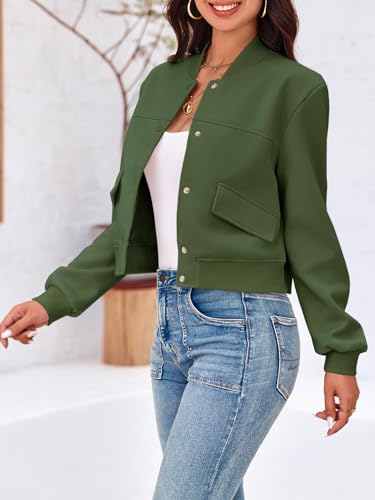Image of Tankaneo Womens Cropped Bomber Jackets Casual Button Down Long Sleeve Stand Collar Varsity Shacket Coats