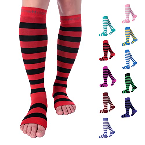 Doc Miller Toeless Compression Socks Women & Men – Open Toe 15-20mmHg Shin Splint Relief, Pregnancy Compression Socks, Knee-High Support, Stripes, 1 Pair
