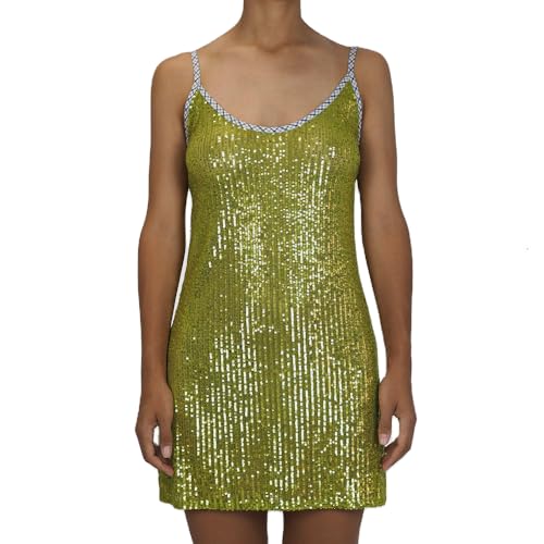 FEORJGP Women Sparkle Sequin Mini Dress Shiny Spaghetti Strap Glitter Disco Slip Short Dress Cocktail Party Club Dresses (Green, L)