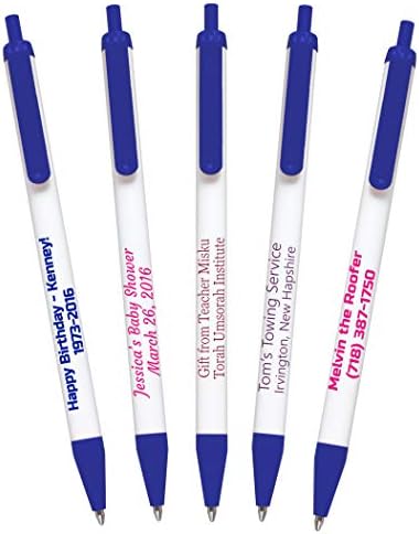 USA Made, Personalized Writing Ink Ballpoint Novelty Pens, Custom Printed with Your Logo & Text (Pack of 50 White Pens with Dark Blue Trim)