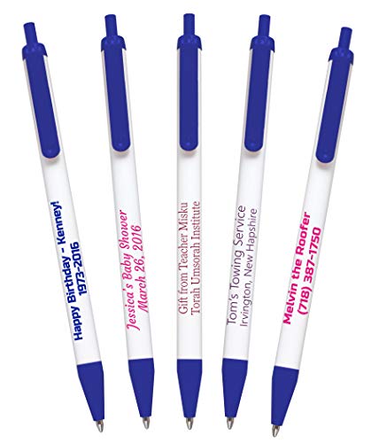 Usa Made, Personalized Writing Ink Ballpoint Novelty Pens, Custom Printed With Your Logo & Text (Pack Of 50 White Pens With Dark Blue Trim) #TOP2