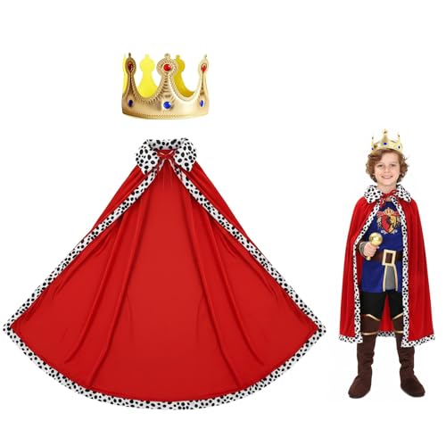 Xiqunw Cape de Prince Adultes, Cape de Roi Garçon, avec Couronne Costume de Prince Roi Reine Manteau Royal, Deguisement Carnaval, pour Cosplay Carnaval Fête à thème Accessoires de Déguisement, 130cm