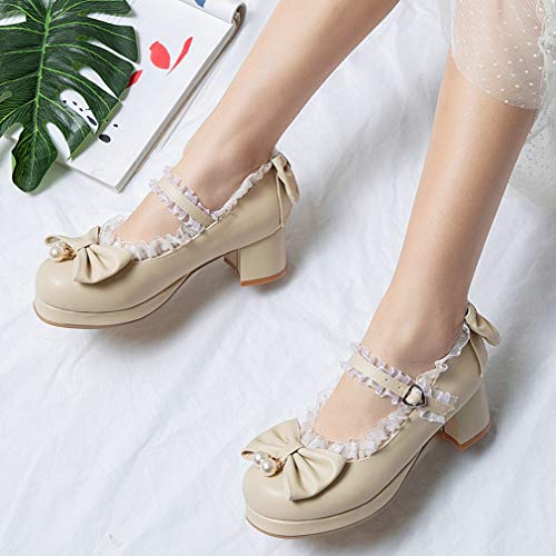 Image of LUXMAX Women Kawaii Mid Block Heel Mary Jane Rockabilly Pumps with Bow Platform Chunky Heel Cute Sweet Shoes