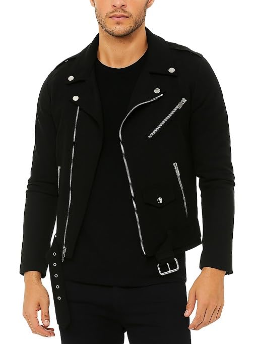 Image of Summer Lightweight Canvas Cotton Jacket Men - Punk Gothic Brando Biker Coat Classic Rock Streetwear Belted Jacket