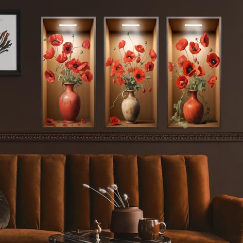 Runtoo Stickers Muraux Fleurs Coquelicots Autocollant Mural Effet 3D Plantes Deco Stickers Salle de Bain Salon Chambre Enfants Bébé Décoration