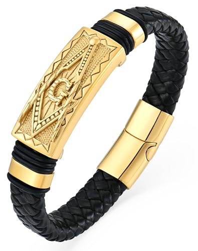 YL Cross Viking Skull Masonic Bracelet, Mens Leather 18K Gold/Rhodium Plated Stainless Steel Scorpion Owl Christian Bible Verse Military Hero Handcrafted Cuff Jewelry Gifts for Women