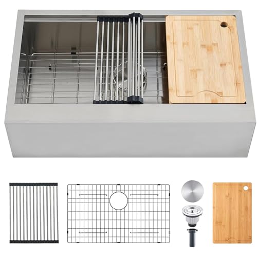 Image of SHACO 33 Inch Stainless Steel Farmhouse Sink, 33x20 Single Bowl Ledge Workstation Flat Apron Front Farm Kitchen Sink with Cutting Board, Brushed Nickel