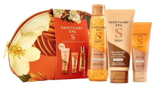 Sanctuary, Spa The Ulimate Spa Retreat incluye un lujoso juego de regalo versátil de 3 artículos en bolsa, exfoliante corporal, gel corporal, hidratante, aroma a jazmín, pomelo, vainilla