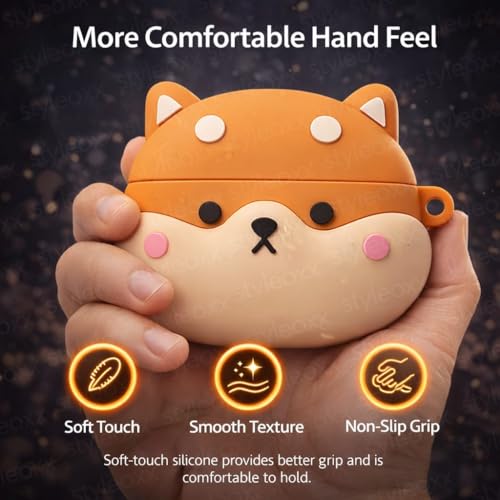 Image of Anvique Silicone Case Cover for Realme Buds T500 Pro, Shockproof Protective Earbuds Cover with Keychain Hook, Anti-Scratch Soft Silicone Skin, Full Body Protection Case (Cartoon ShibaDog R)