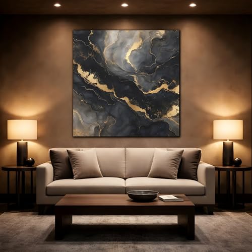 Tableau abstrait marbre noir et or petit format carré pour mur de salon