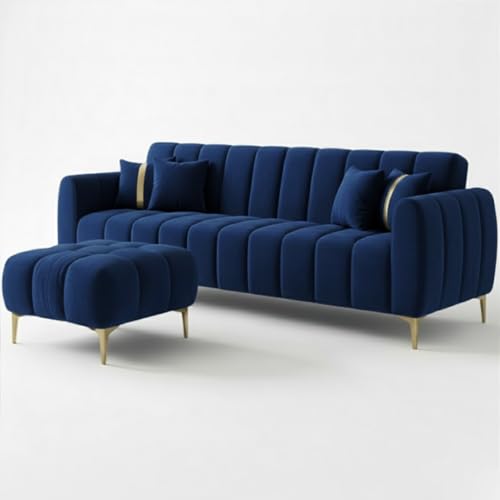 Image of CASASTYLE Hanster 4 Seater L Shape Sofa Set with Movable Ottoman | Flexible Left or Right Layout | Cozy Velvet Fabric | Soft Touch Seating with Golden Legs | Sofa for Living Room (Dark Blue)