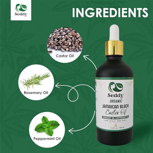 Image of Seddy Organic Jamaican Black Castor Oil with Rosemary & Peppermint - Cold-Pressed, Hexane-Free Hair Growth & Scalp Treatment Oil for Thicker, Stronger Hair, Edges & Beard - 3.4 fl oz